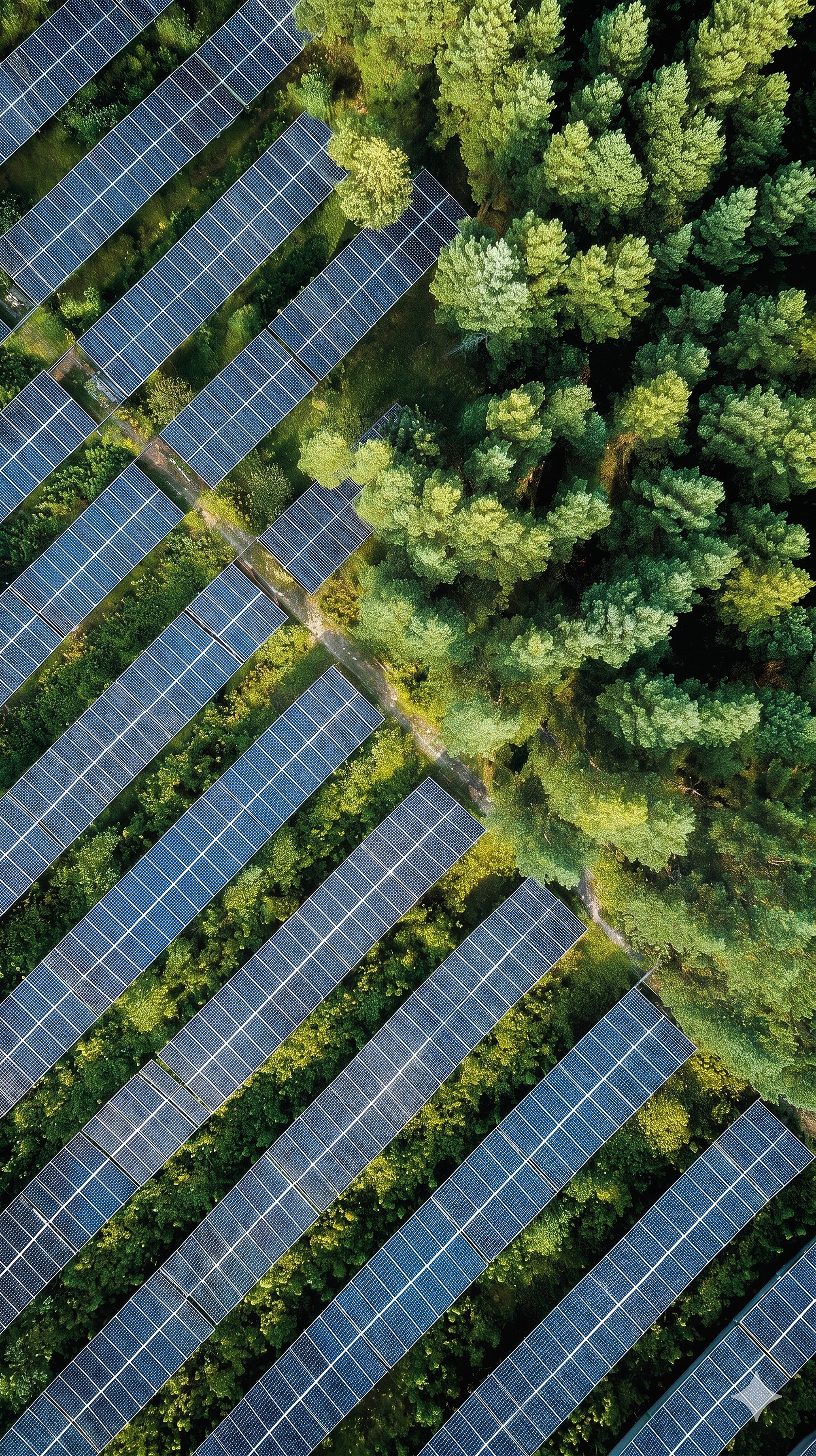 Aerial view of solar panels running through a dense green forest canopy