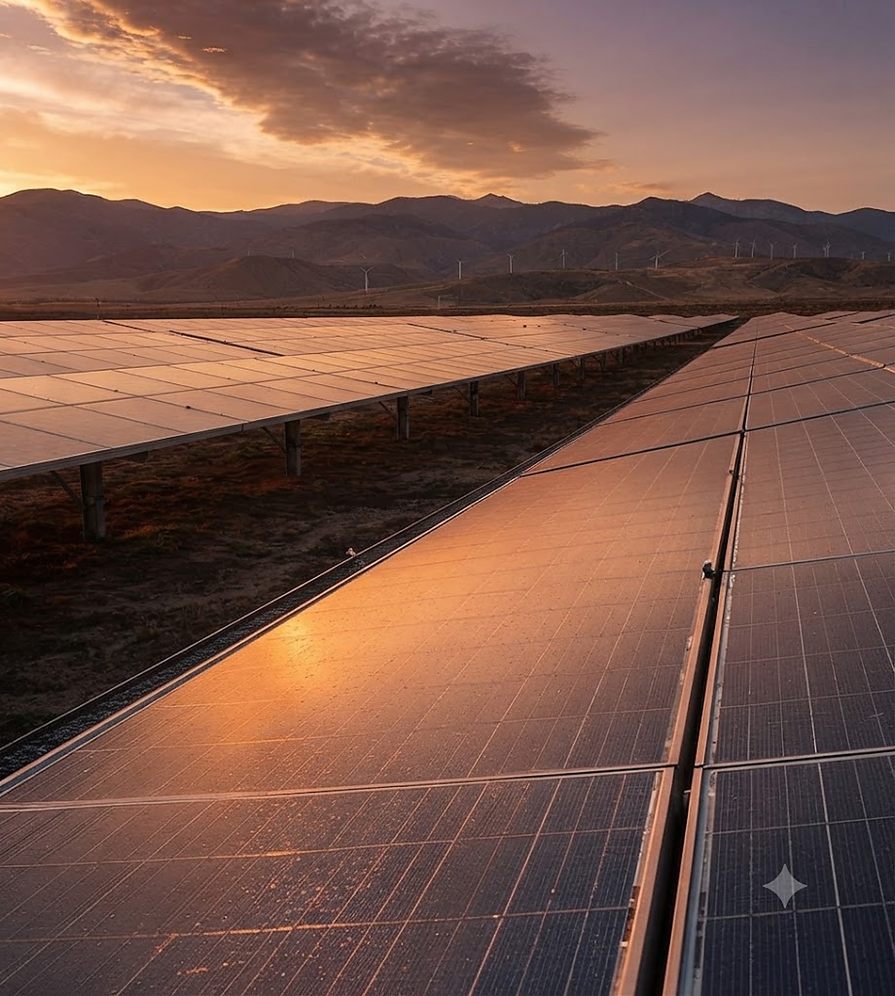 Solar farm at sunset