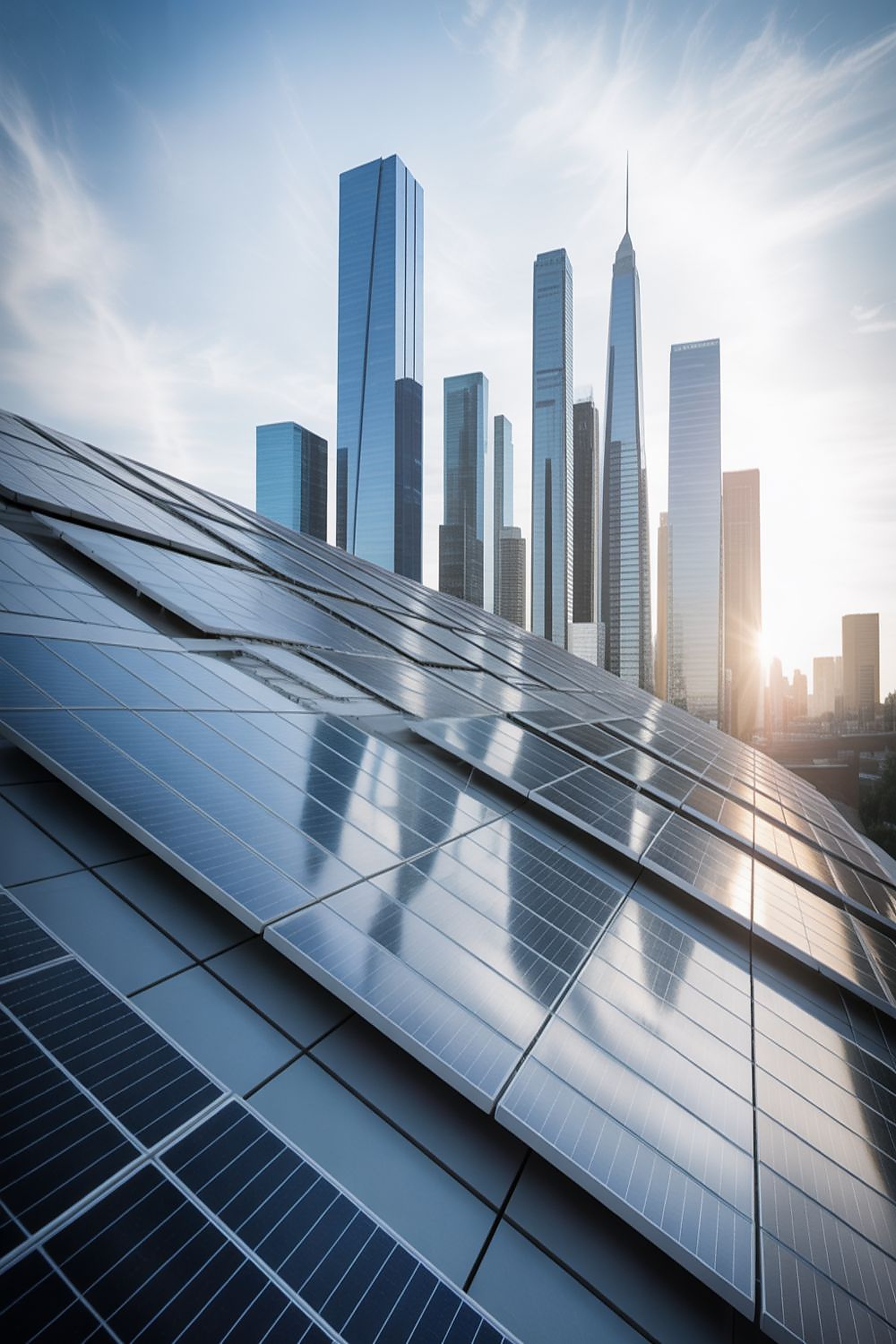 Solar panels powering a city skyline
